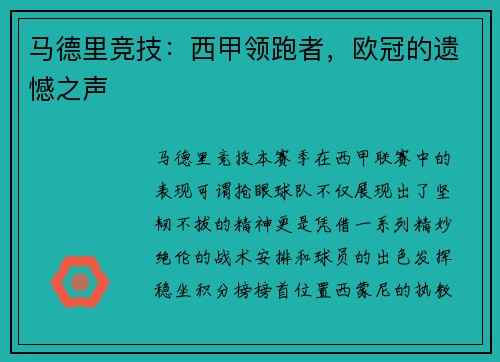 马德里竞技：西甲领跑者，欧冠的遗憾之声