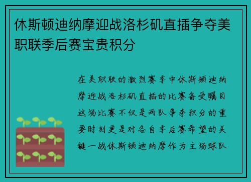 休斯顿迪纳摩迎战洛杉矶直插争夺美职联季后赛宝贵积分