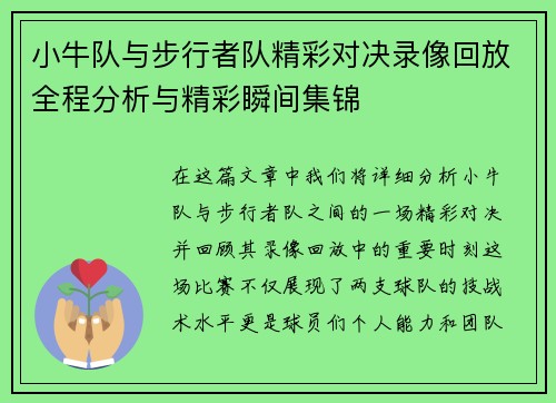 小牛队与步行者队精彩对决录像回放全程分析与精彩瞬间集锦